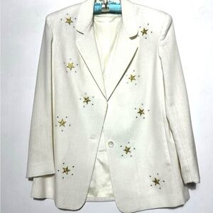 Dumas White linen Star-Embroidery Vintage Blazer made in USA